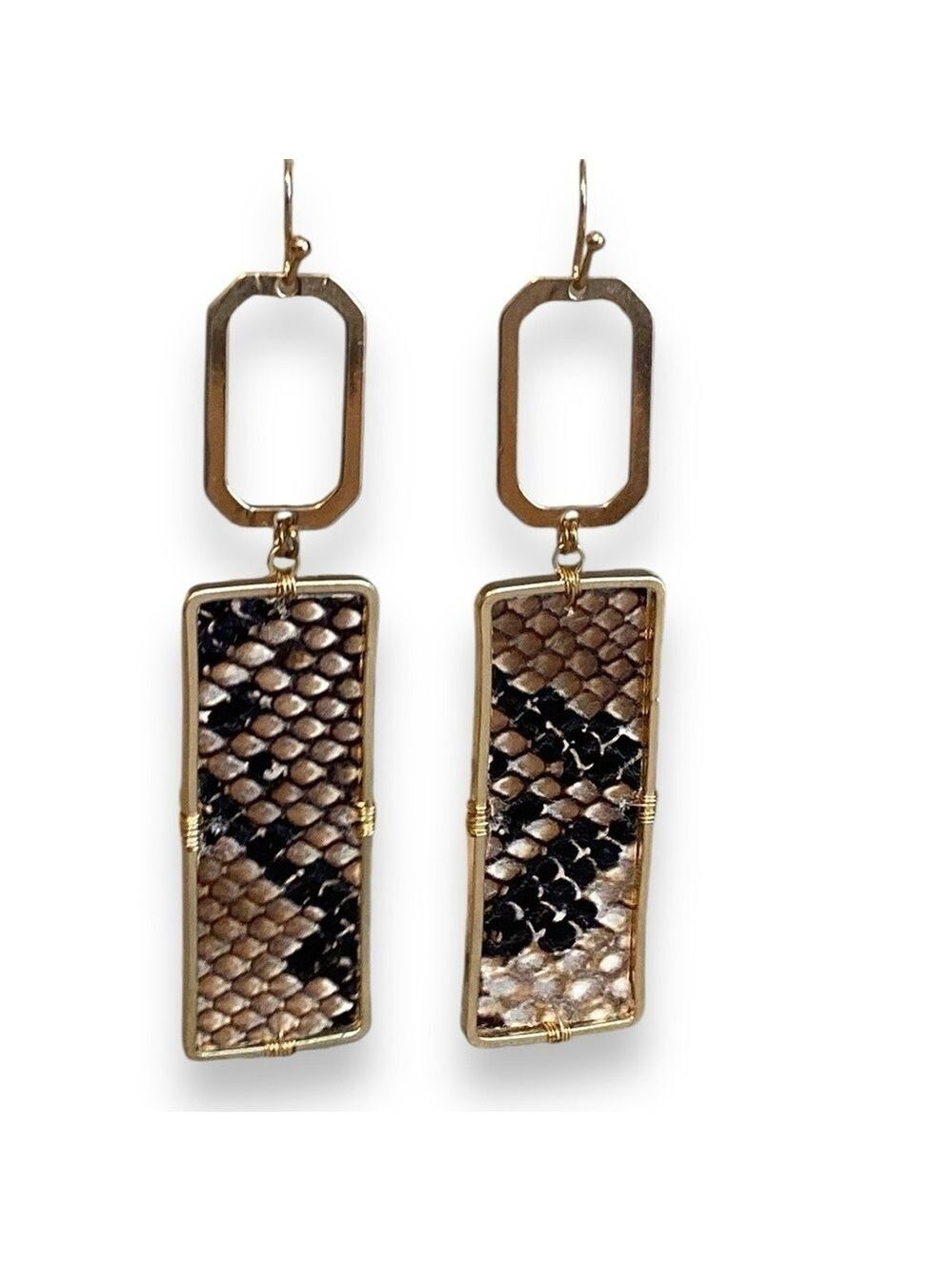Caroline Hill Dangly Earrings Snakeskin Print Geometric Gold Tone New